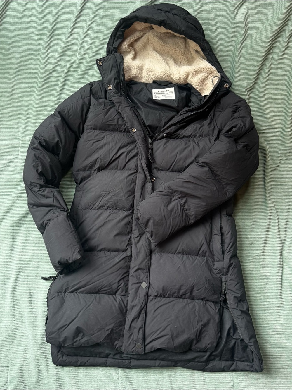 REI Black Long Hooded Puffer Coat with Cream Sherpa Lining